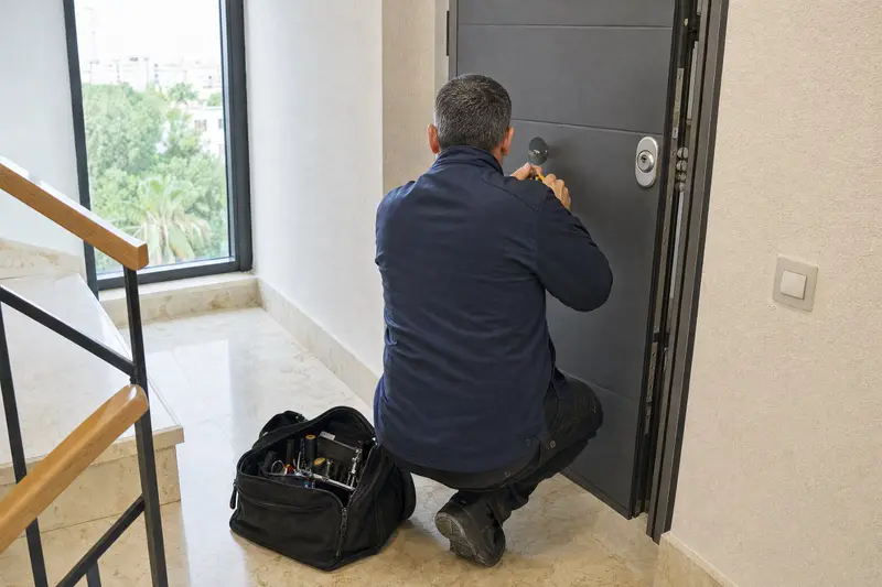 Cerrajero de espaldas trabajando en la cerradura de una puerta blindada en el rellano de un edificio