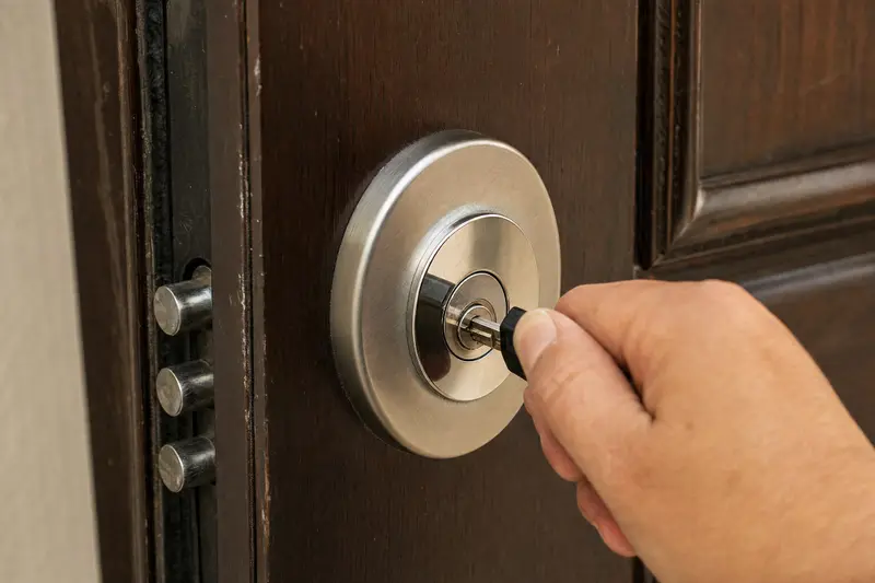 Mano girando una llave de seguridad en una cerradura con escudo protector de acero en una puerta de madera