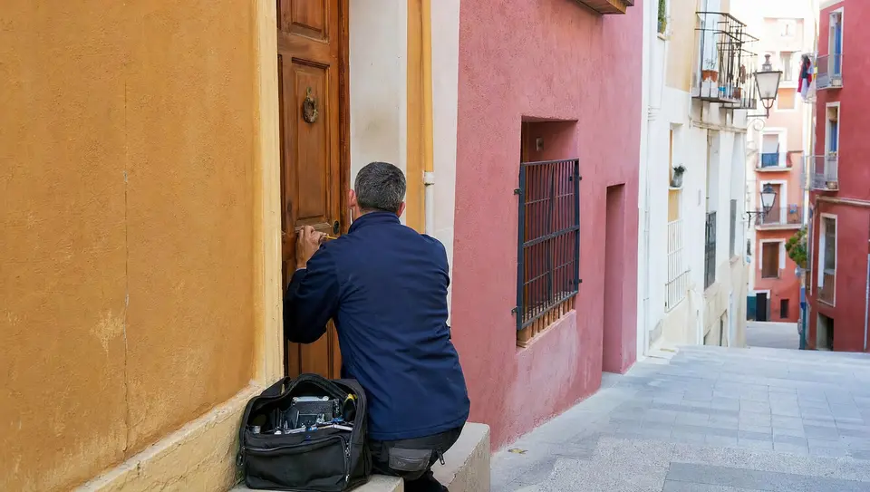 Cerrajero de espaldas trabajando en la cerradura de una puerta de madera en una calle de casas de colores de Villajoyosa