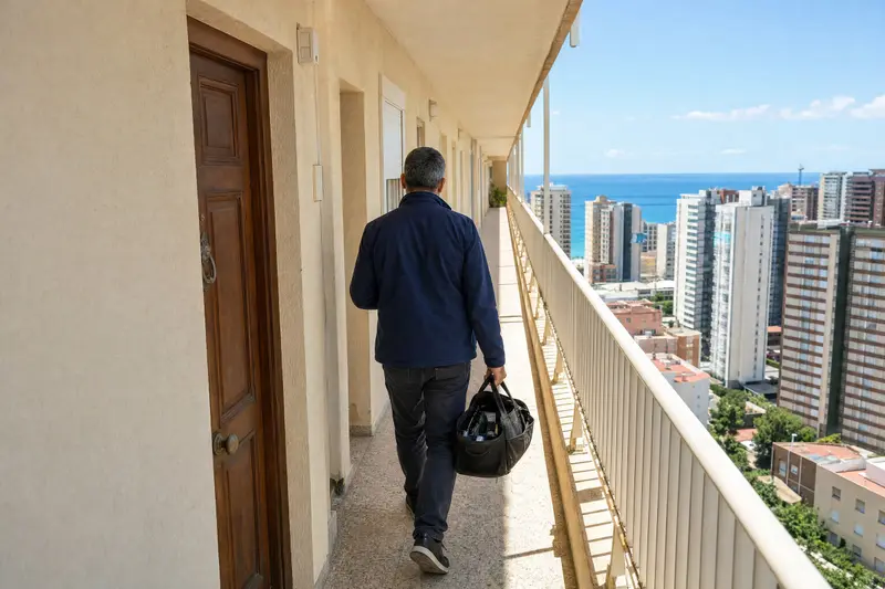Cerrajero caminando por el pasillo exterior de un edificio de apartamentos con vistas al mar