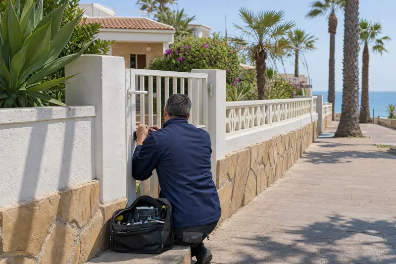 Cerrajero arreglando la cerradura de la cancela de un chalet junto al mar