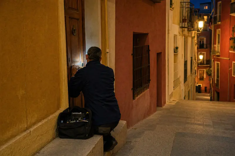 Cerrajero trabajando de noche en la puerta de una casa del casco antiguo