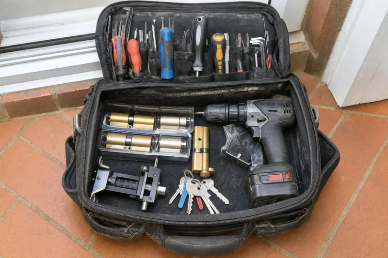 Bolsa de herramientas de cerrajero abierta en un portal, con bombines nuevos, llaves y un taladro