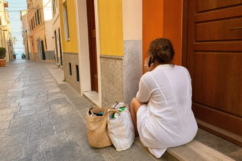 Mujer sentada en el escalón de su puerta en una calle del casco antiguo de Villajoyosa llamando por teléfono a un cerrajero