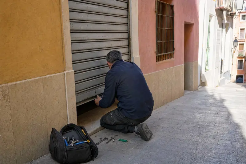 Cerrajero reparando la cerradura del cierre metálico de un local